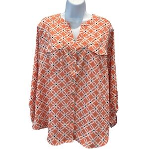 Notations Woman Orange Geometric Print 3/4 Sleeve Blouse‎ Plus Size 2x